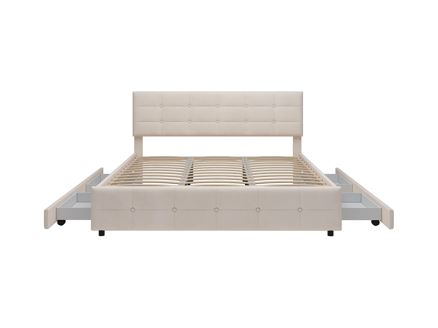 Letto 180 x 200 cm con 4 cassetti contenitore, testiera e rete a doghe, tessuto velluto beige (203 x 183,5 x 97,5 cm)