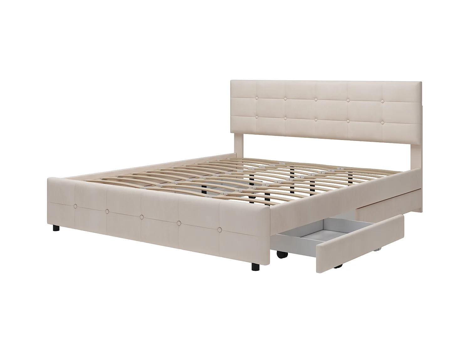 Letto 180 x 200 cm con 4 cassetti contenitore, testiera e rete a doghe, tessuto velluto beige (203 x 183,5 x 97,5 cm)