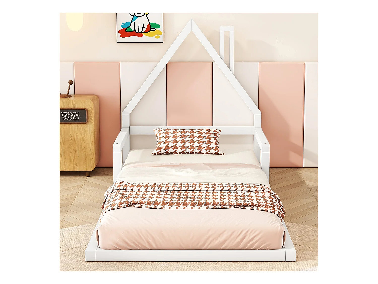 Lit plat 90x200 cm, forme de maison, en pin massif, design simple, blanc (209x99x107 cm)