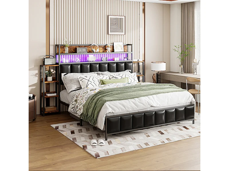 Gestoffeerd bed 160x200 cm met geïntegreerde opbergruimte, ledverlichting, functioneel hoofdeinde, massief ijzeren frame, zwart imitatieleer (222x225x115,5 cm)