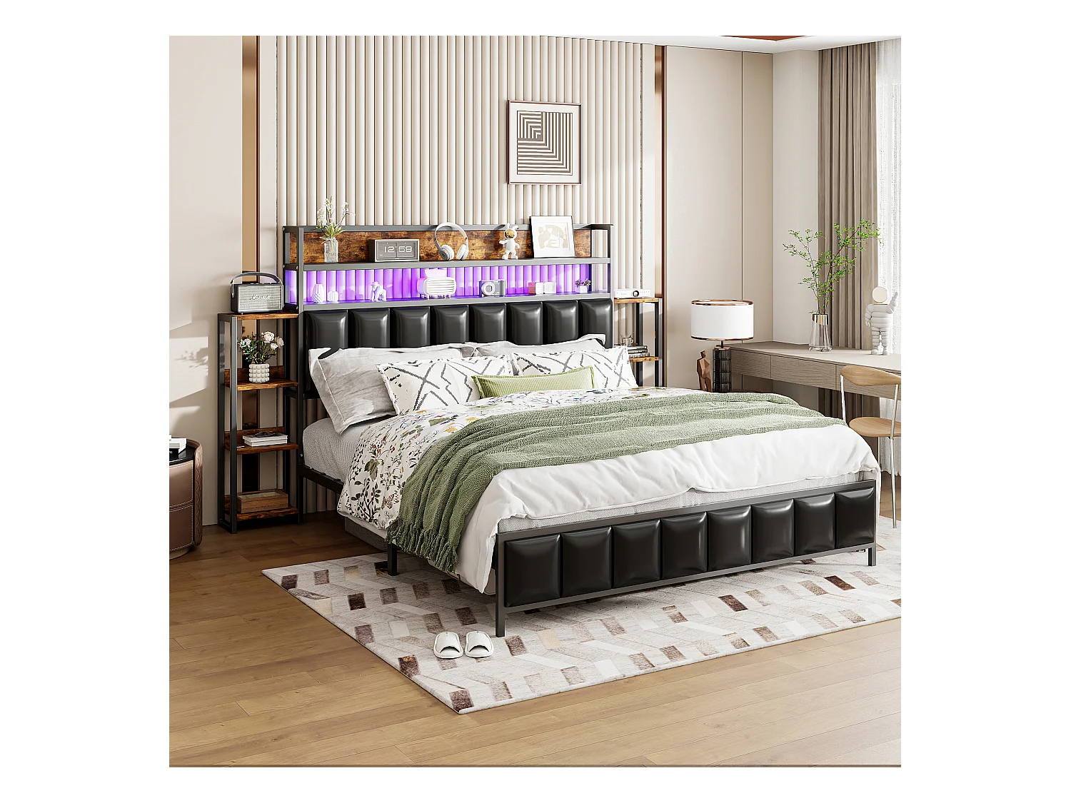 Gestoffeerd bed 160x200 cm met geïntegreerde opbergruimte, ledverlichting, functioneel hoofdeinde, massief ijzeren frame, zwart imitatieleer (222x225x115,5 cm)