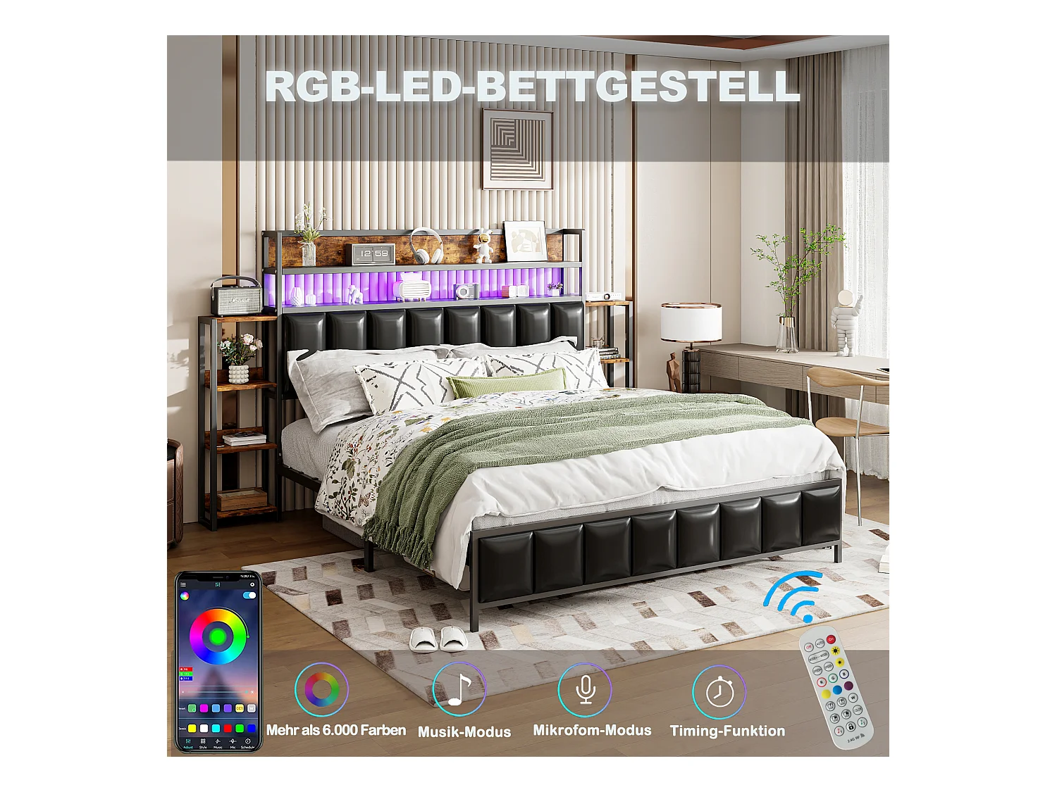 Gestoffeerd bed 160x200 cm met geïntegreerde opbergruimte, ledverlichting, functioneel hoofdeinde, massief ijzeren frame, zwart imitatieleer (222x225x115,5 cm)