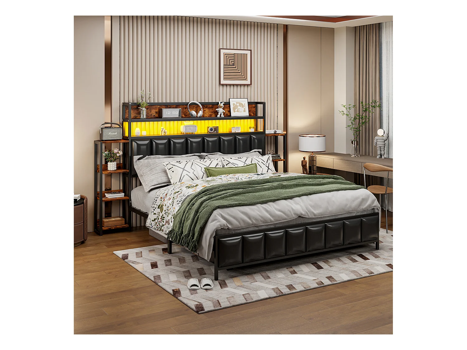 Gestoffeerd bed 160x200 cm met geïntegreerde opbergruimte, ledverlichting, functioneel hoofdeinde, massief ijzeren frame, zwart imitatieleer (222x225x115,5 cm)