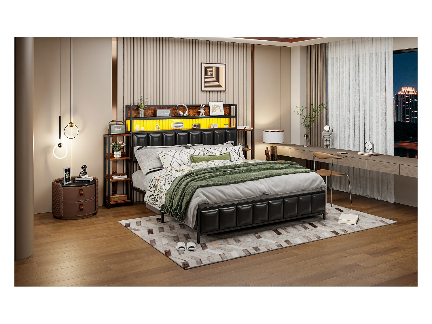 Gestoffeerd bed 160x200 cm met geïntegreerde opbergruimte, ledverlichting, functioneel hoofdeinde, massief ijzeren frame, zwart imitatieleer (222x225x115,5 cm)