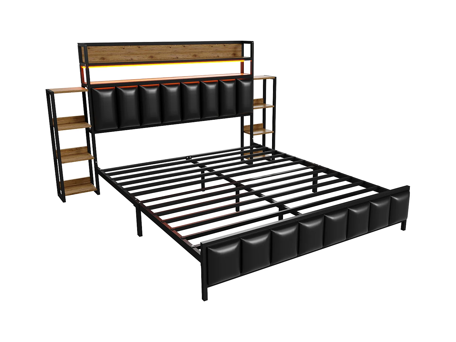 Gestoffeerd bed 160x200 cm met geïntegreerde opbergruimte, ledverlichting, functioneel hoofdeinde, massief ijzeren frame, zwart imitatieleer (222x225x115,5 cm)