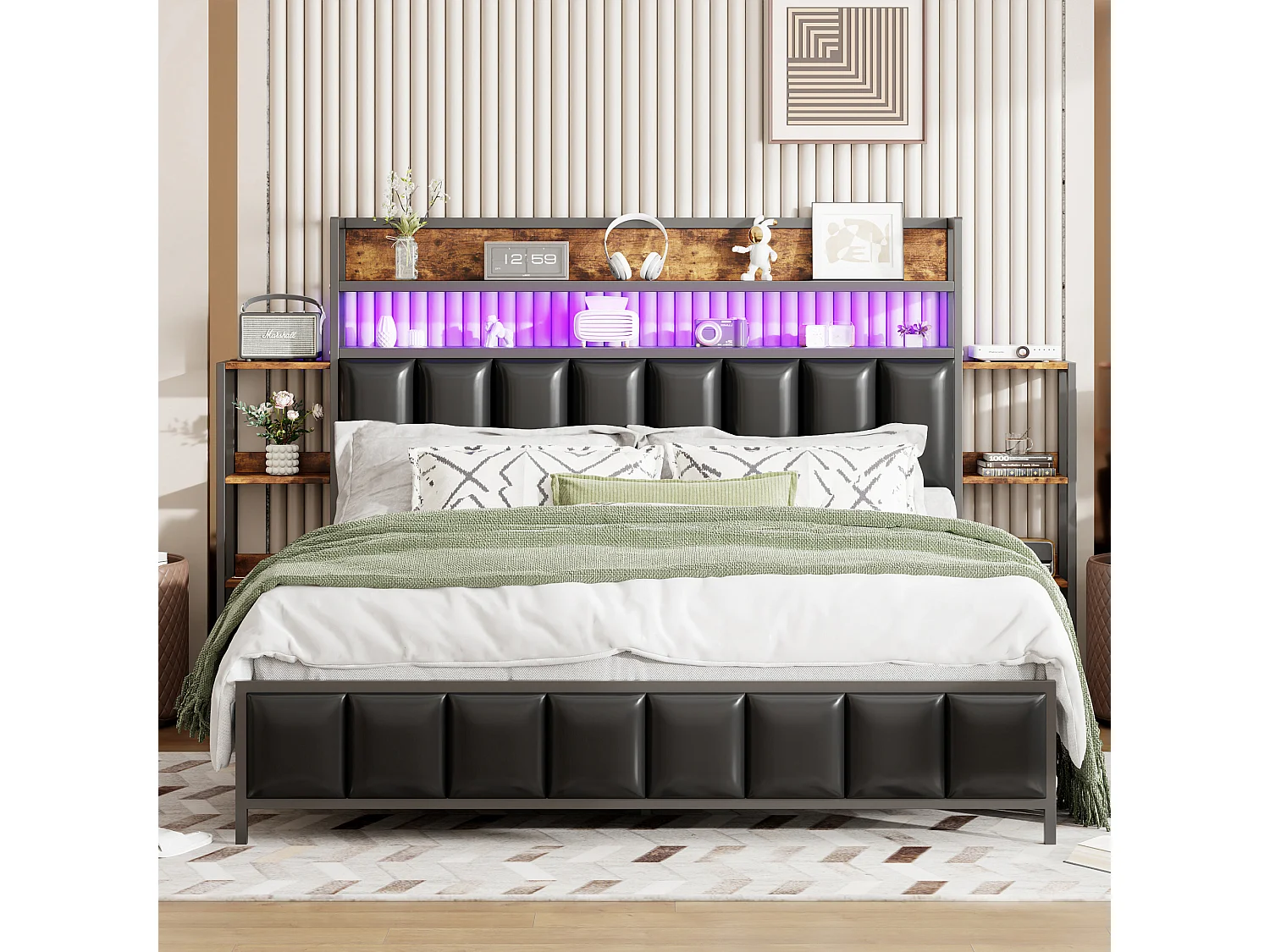 Lit tapissier 160x200 cm avec rangements intégrés, éclairage LED, tête de lit fonctionnelle, cadre en fer massif, simili cuir noir (222x225x115.5 cm)