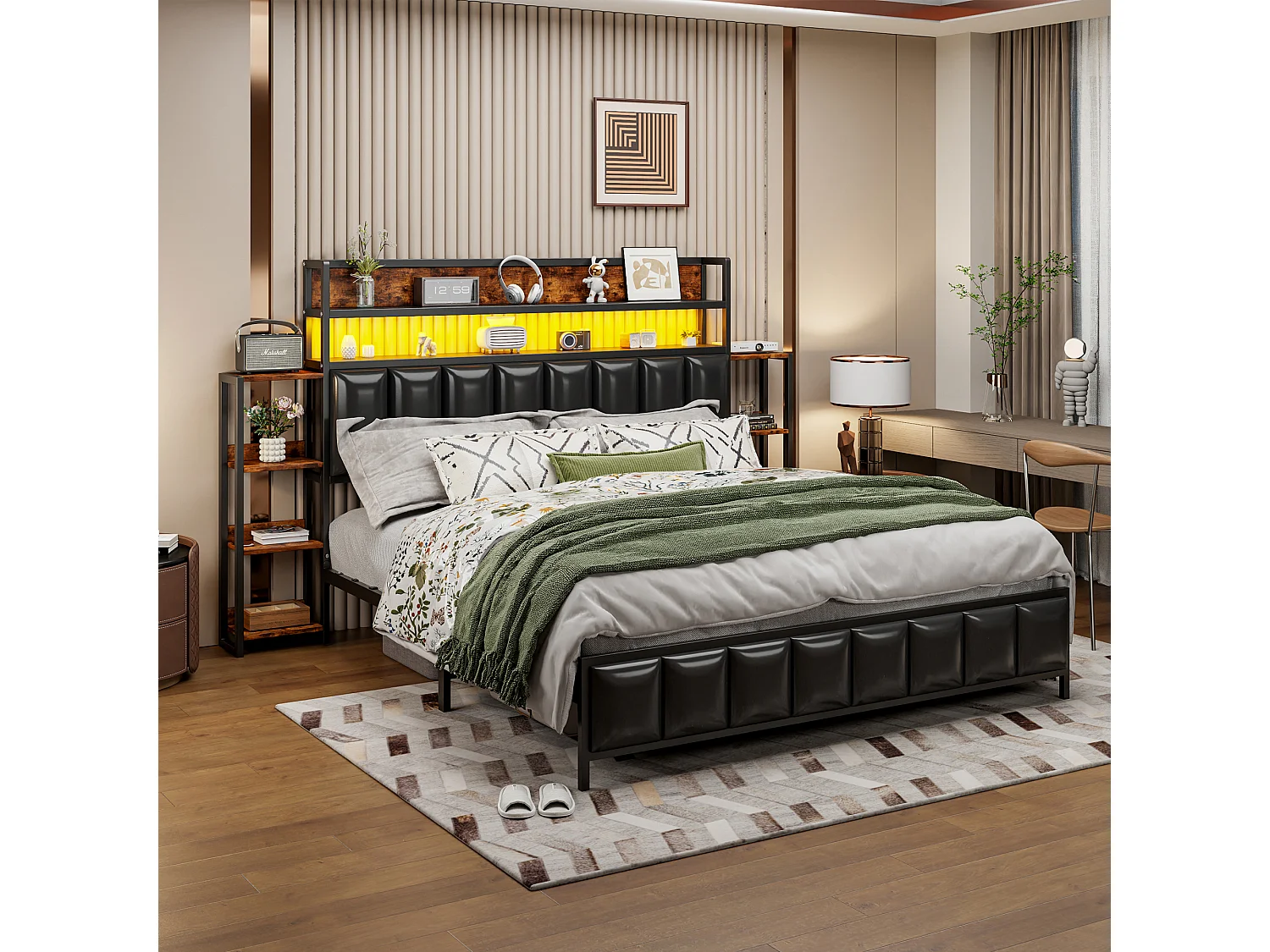 Lit tapissier 160x200 cm avec rangements intégrés, éclairage LED, tête de lit fonctionnelle, cadre en fer massif, simili cuir noir (222x225x115.5 cm)