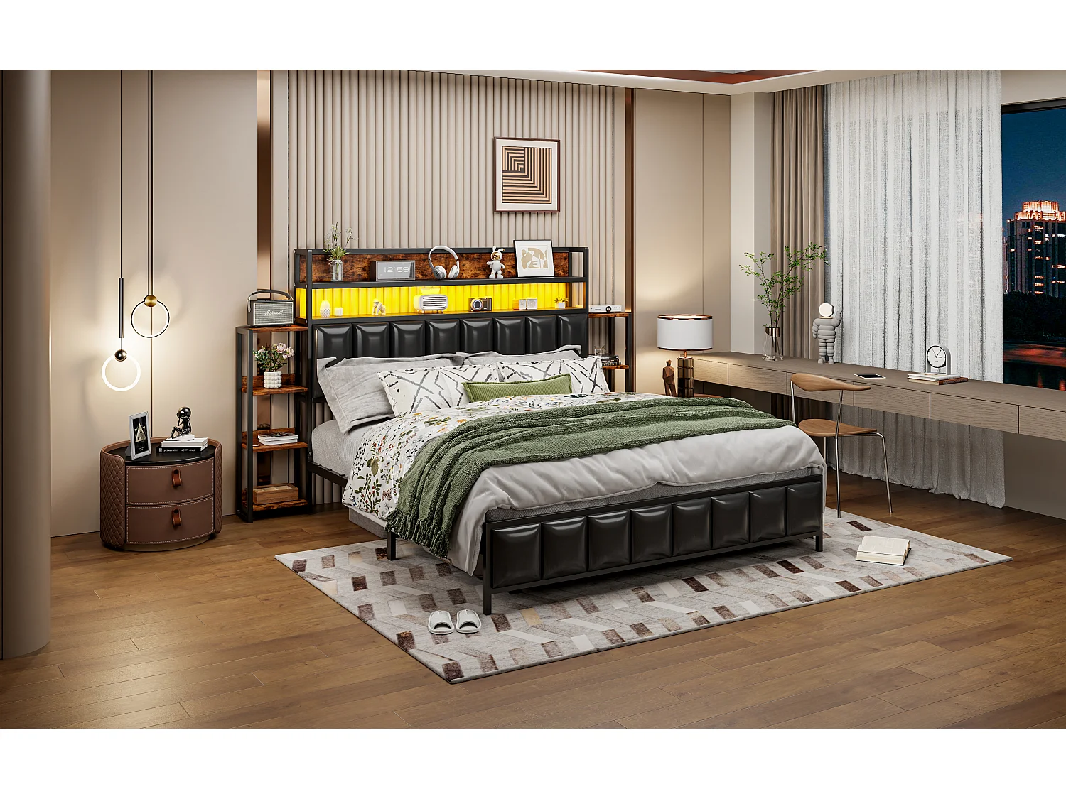 Lit tapissier 160x200 cm avec rangements intégrés, éclairage LED, tête de lit fonctionnelle, cadre en fer massif, simili cuir noir (222x225x115.5 cm)