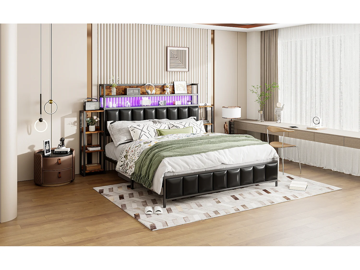 Lit tapissier 160x200 cm avec rangements intégrés, éclairage LED, tête de lit fonctionnelle, cadre en fer massif, simili cuir noir (222x225x115.5 cm)