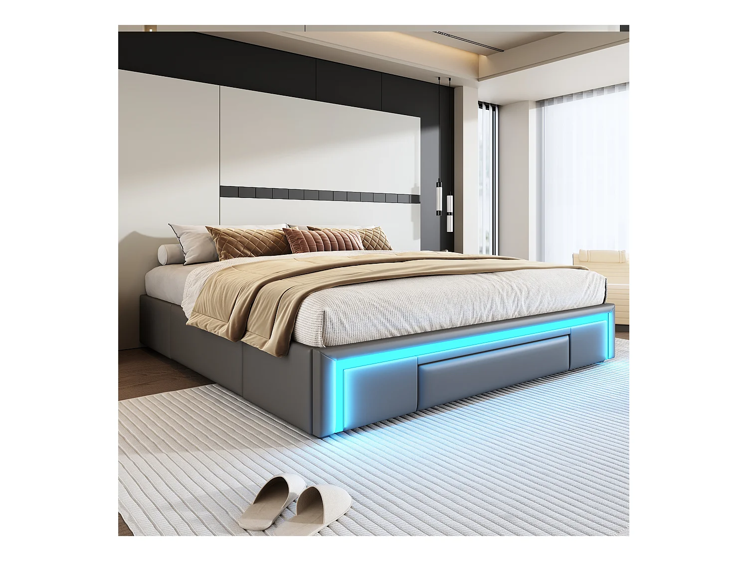 Lit 180x200 cm avec tiroirs, lit en PU simili-cuir sans tête de lit, avec éclairage LED, en métal (200x180x32 cm)