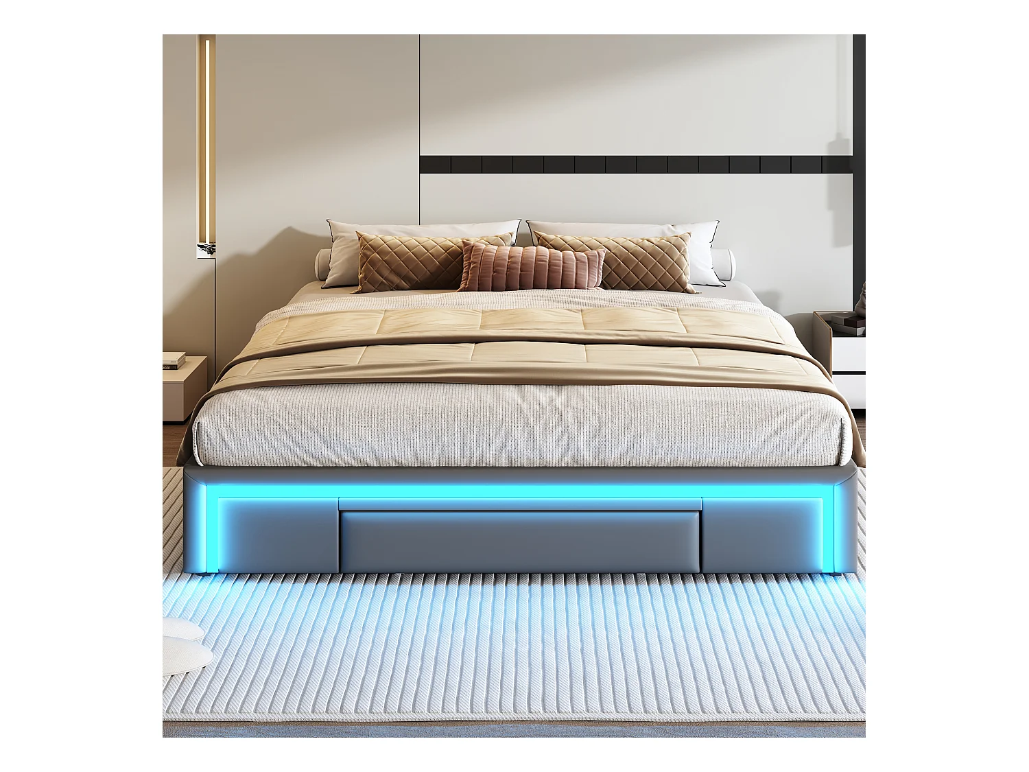 Lit 180x200 cm avec tiroirs, lit en PU simili-cuir sans tête de lit, avec éclairage LED, en métal (200x180x32 cm)