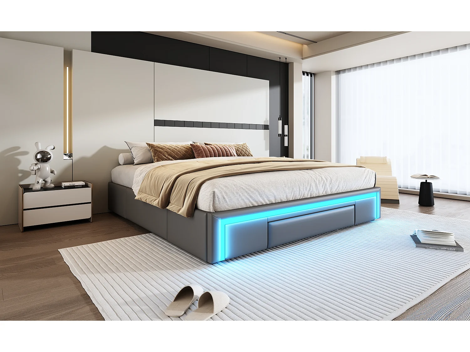 Lit 180x200 cm avec tiroirs, lit en PU simili-cuir sans tête de lit, avec éclairage LED, en métal (200x180x32 cm)