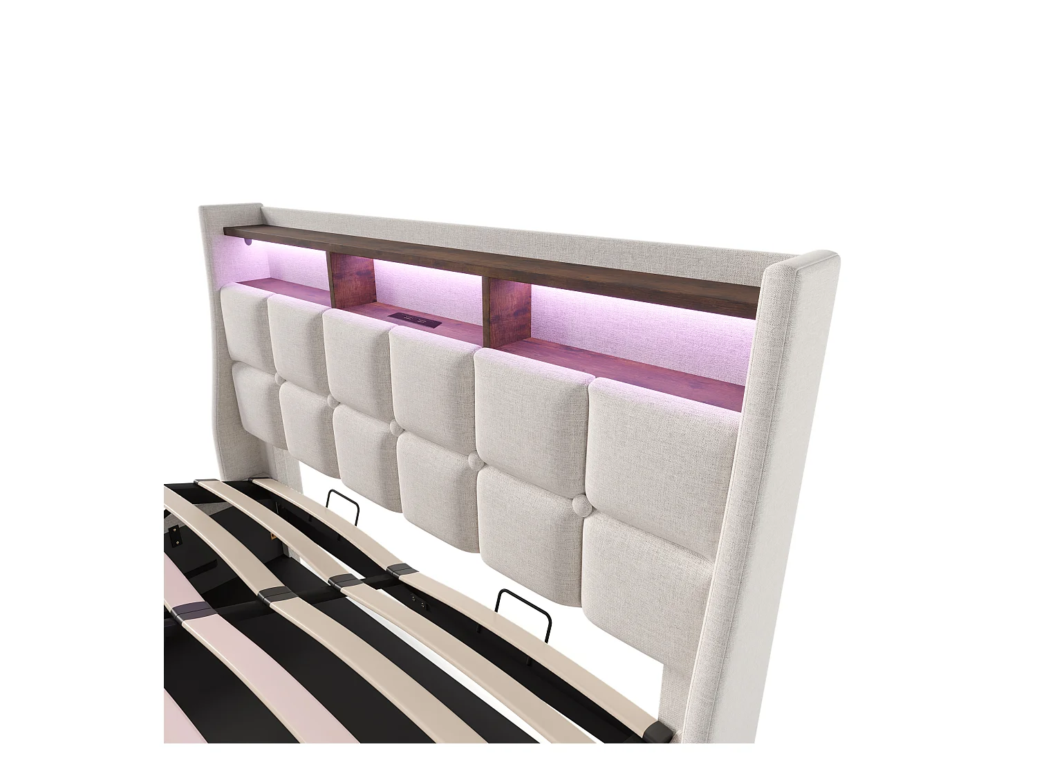 Lit double LED avec USB, cadre en lin beige, sommier métal, design vintage (165x210x117cm)
