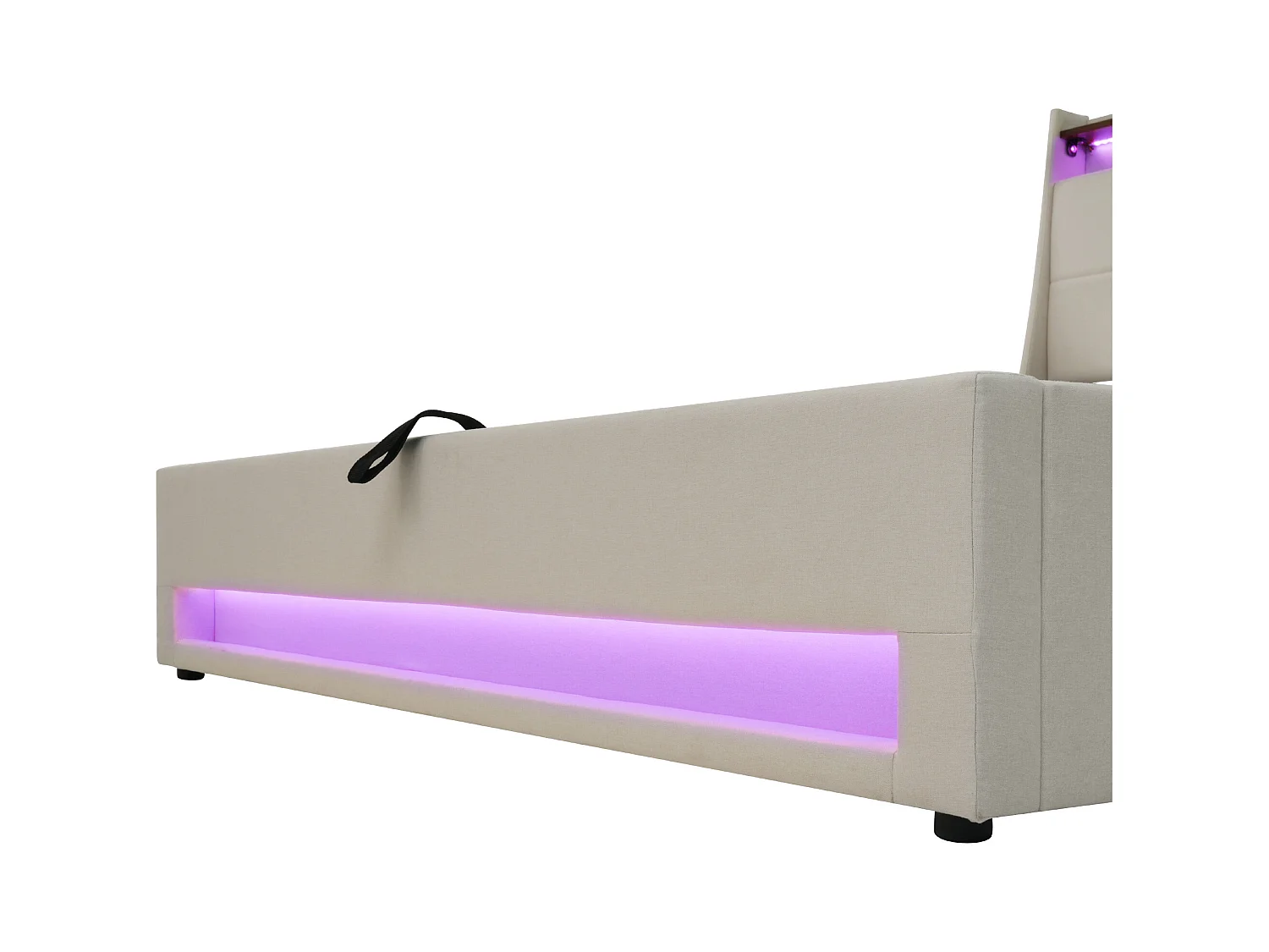 Lit double LED avec USB, cadre en lin beige, sommier métal, design vintage (165x210x117cm)