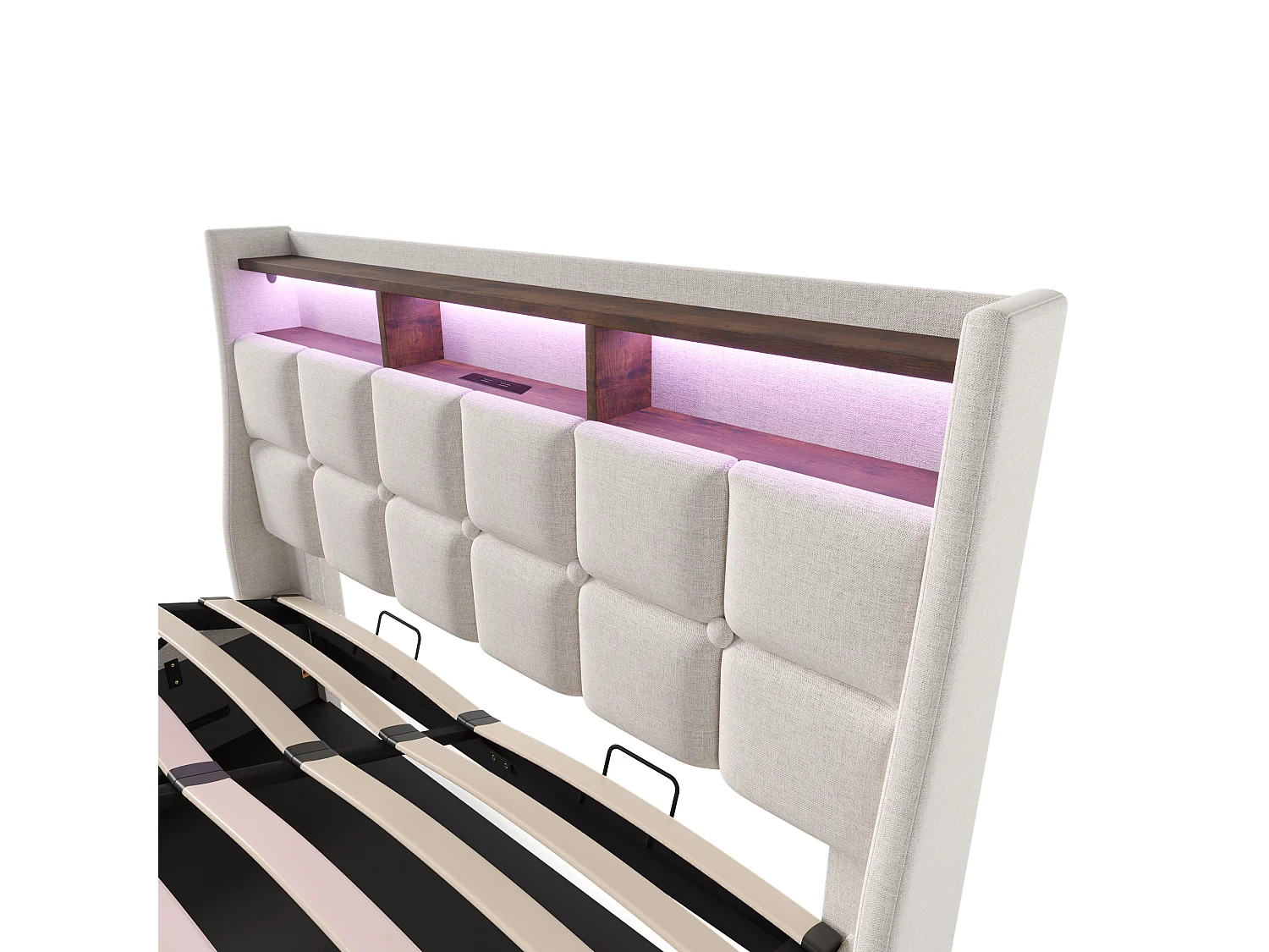 Lit double LED avec USB, cadre en lin beige, sommier métal, design vintage (165x210x117cm)