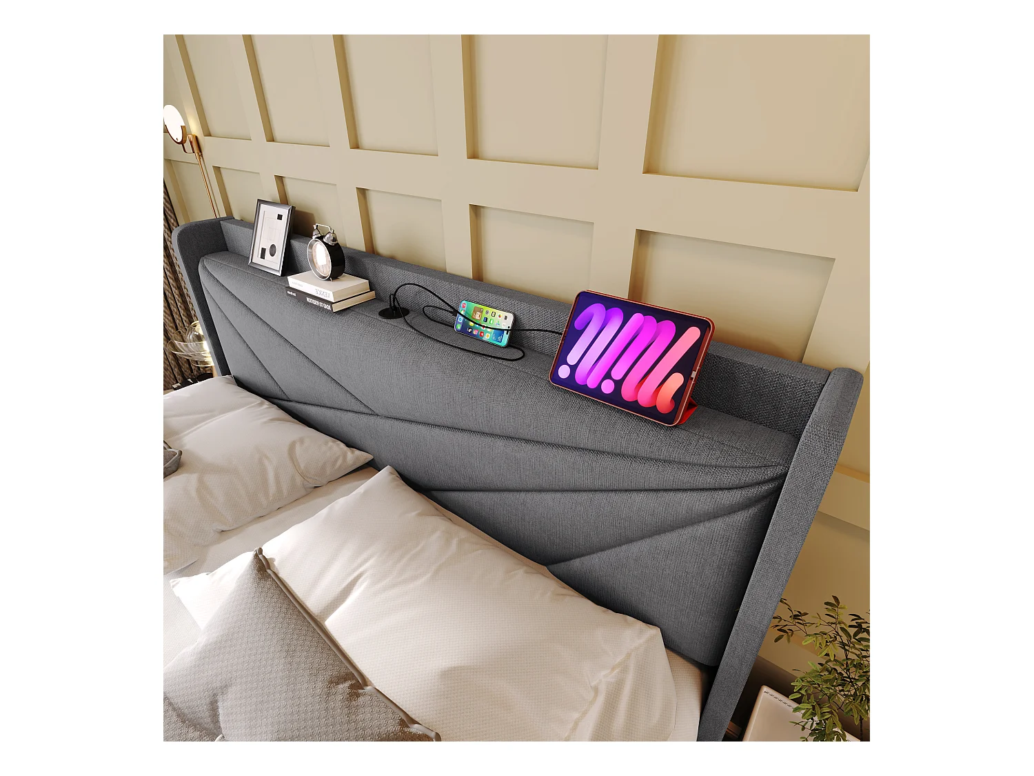 Lit double avec coffre de rangement, fonction charge USB Type-C, lin gris (166x208x107 cm)