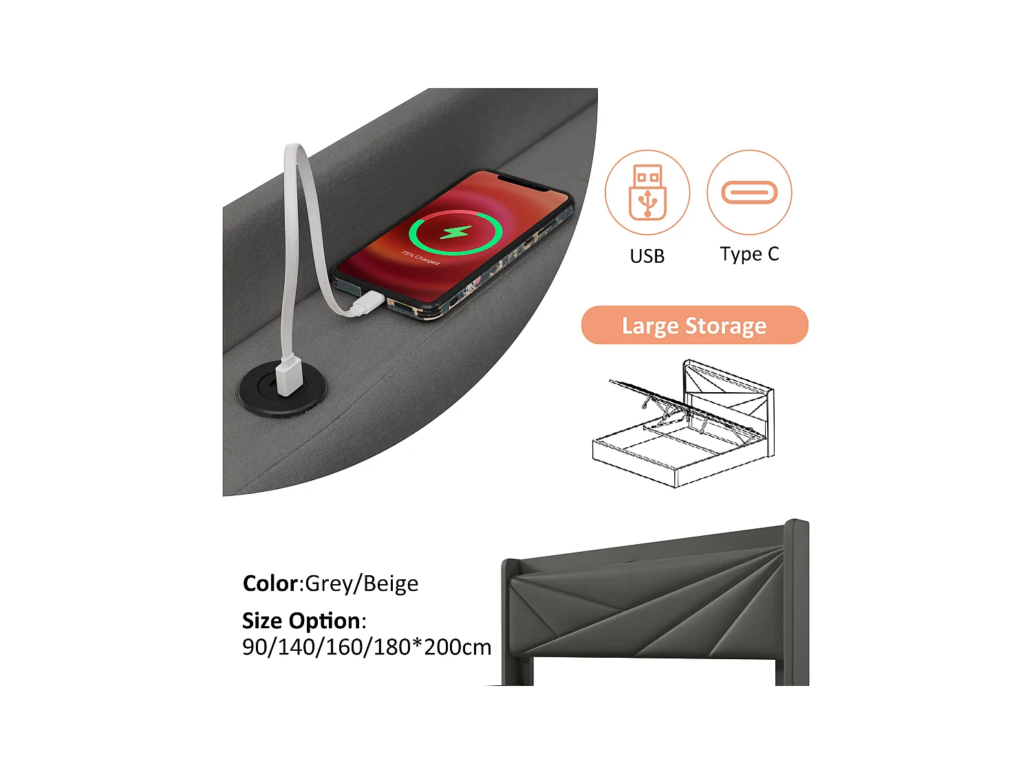 Lit double avec coffre de rangement, fonction charge USB Type-C, lin gris (166x208x107 cm)