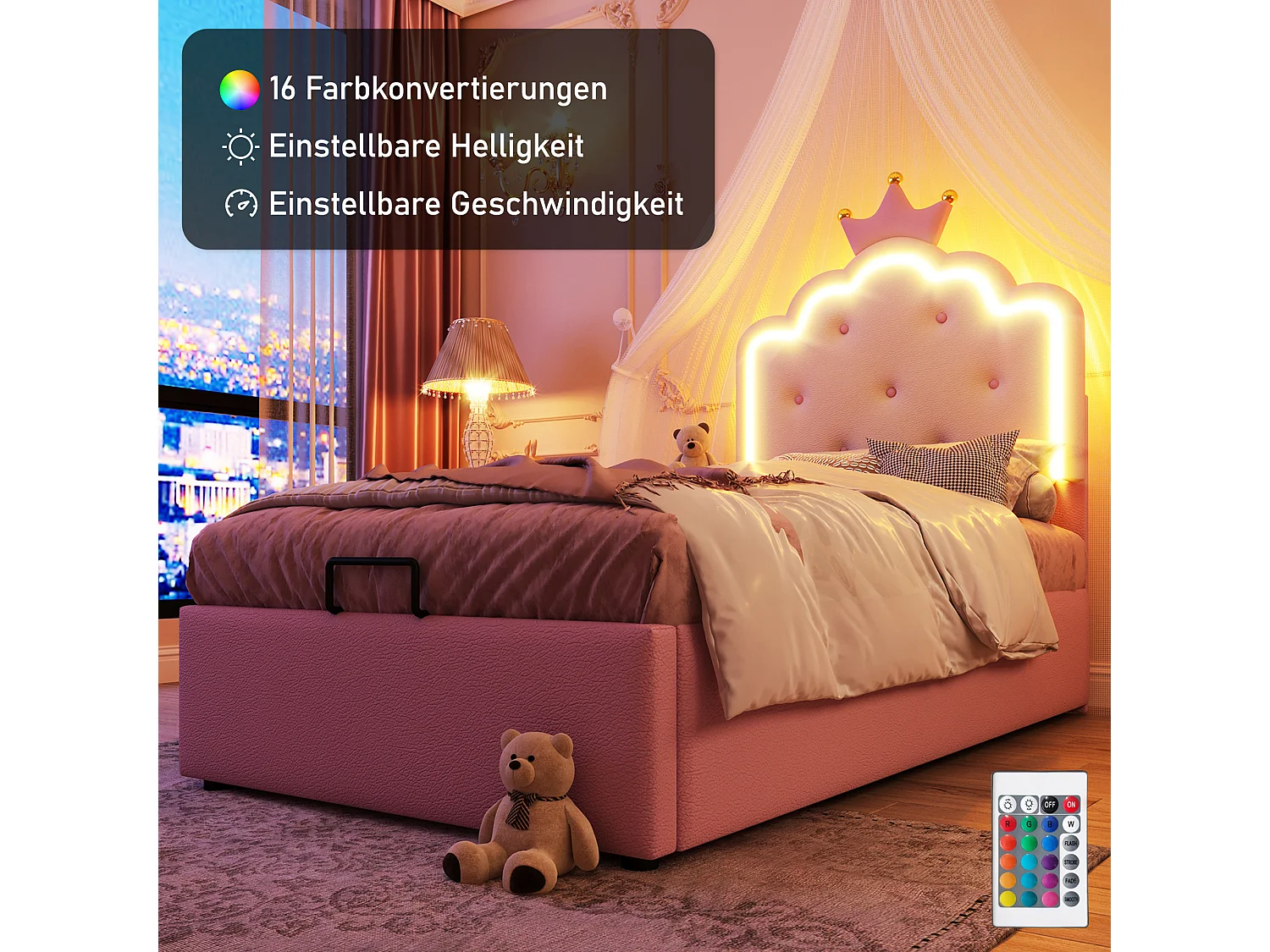 Prinsessenbed met ledverlichting, 90x200 cm, met hydraulische opbergruimte, kroonvorm, PU, roze (203x94x134 cm)