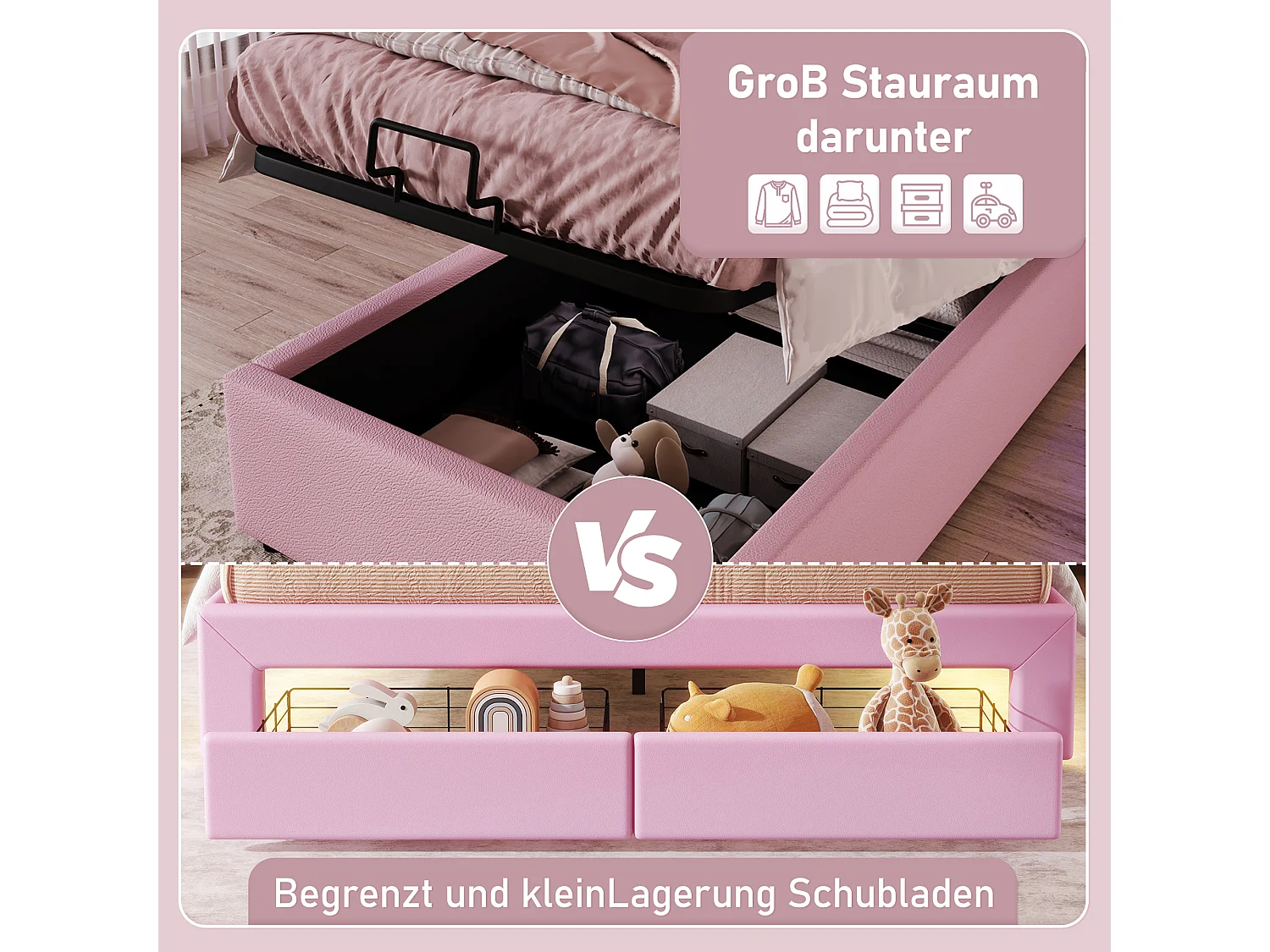 Prinsessenbed met ledverlichting, 90x200 cm, met hydraulische opbergruimte, kroonvorm, PU, roze (203x94x134 cm)