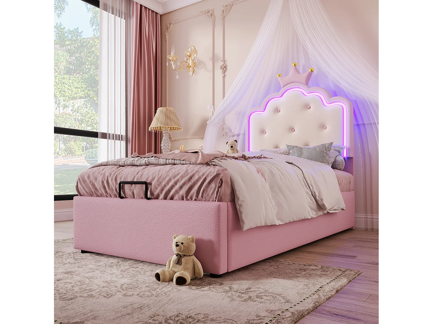Cama Princesa con Iluminación LED, 90x200 cm, con Almacenamiento Hidráulico, Forma Corona, PU, Rosa (203x94x134 cm)