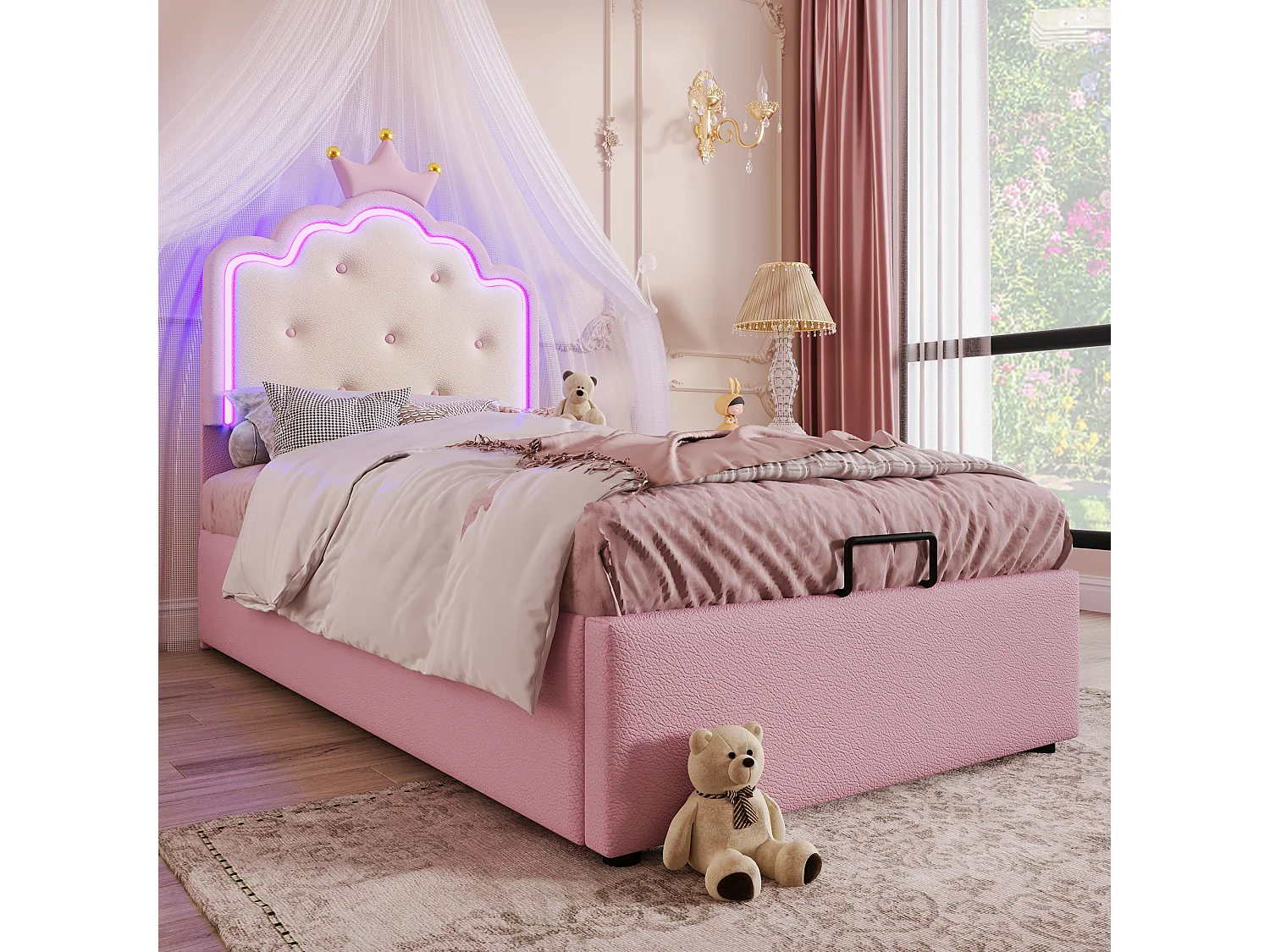 Cama Princesa con Iluminación LED, 90x200 cm, con Almacenamiento Hidráulico, Forma Corona, PU, Rosa (203x94x134 cm)