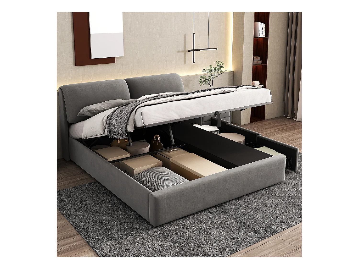 Lit avec rangement hydraulique 160 x 200 cm, tête de lit rembourrée, 3 tiroirs et espace de stockage, tissu velours, gris