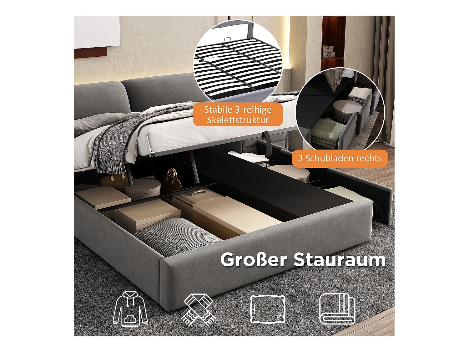 Lit avec rangement hydraulique 160 x 200 cm, tête de lit rembourrée, 3 tiroirs et espace de stockage, tissu velours, gris
