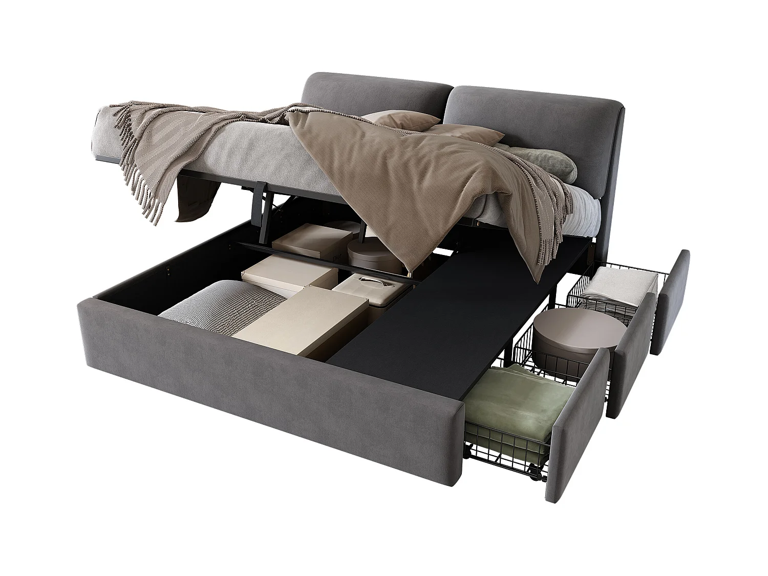 Lit avec rangement hydraulique 160 x 200 cm, tête de lit rembourrée, 3 tiroirs et espace de stockage, tissu velours, gris