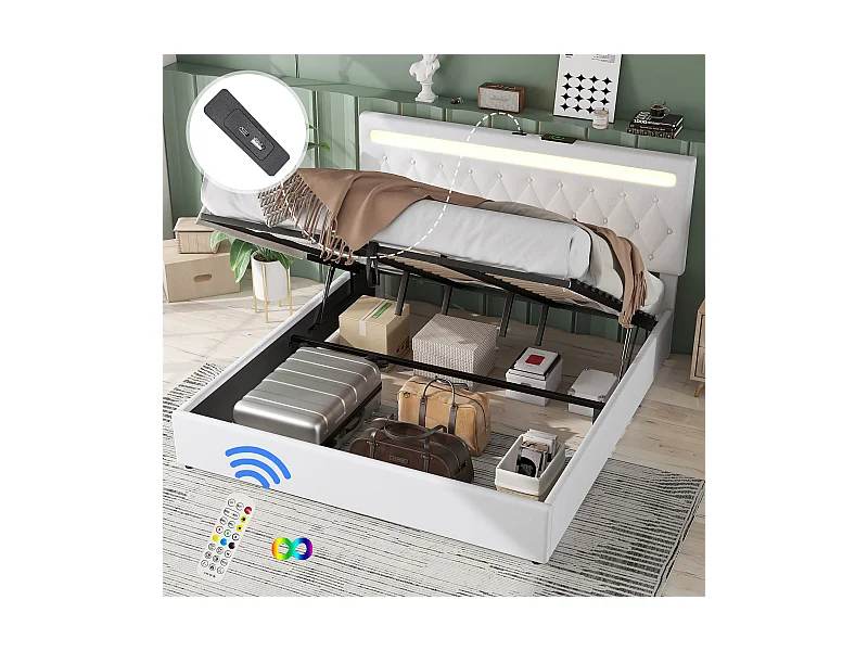 Lit plat 180x200cm, avec mécanisme hydraulique, lumière ambiante colorée, USB, tissu en lin, blanc (205x192x99 cm)