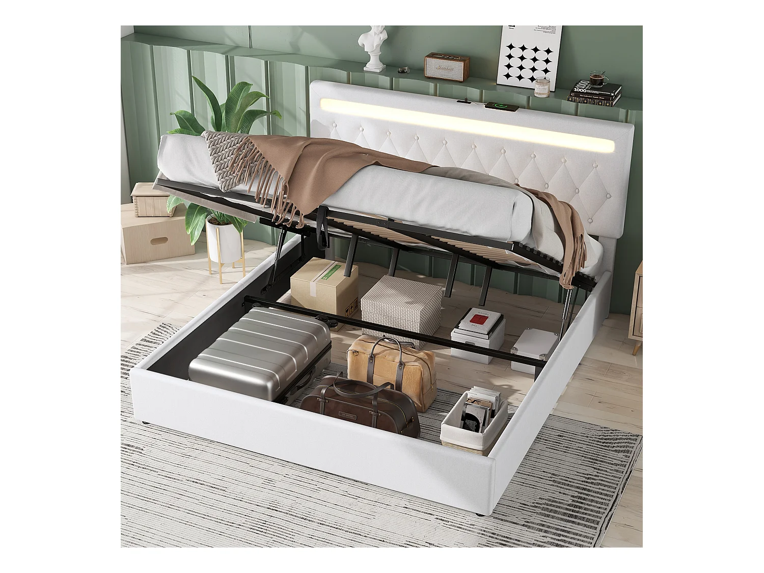 Letto piano 180x200cm, con meccanismo idraulico, luce ambiente colorata, USB, tessuto di lino, bianco (205x192x99 cm)