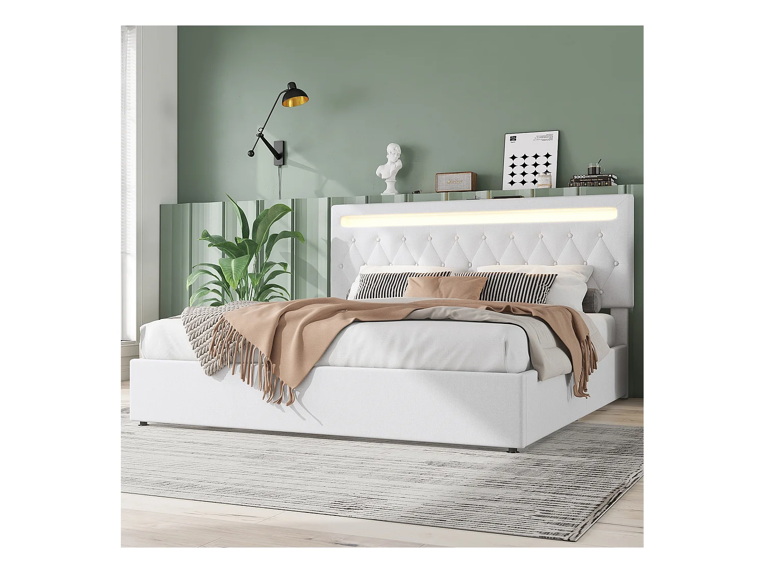 Letto piano 180x200cm, con meccanismo idraulico, luce ambiente colorata, USB, tessuto di lino, bianco (205x192x99 cm)