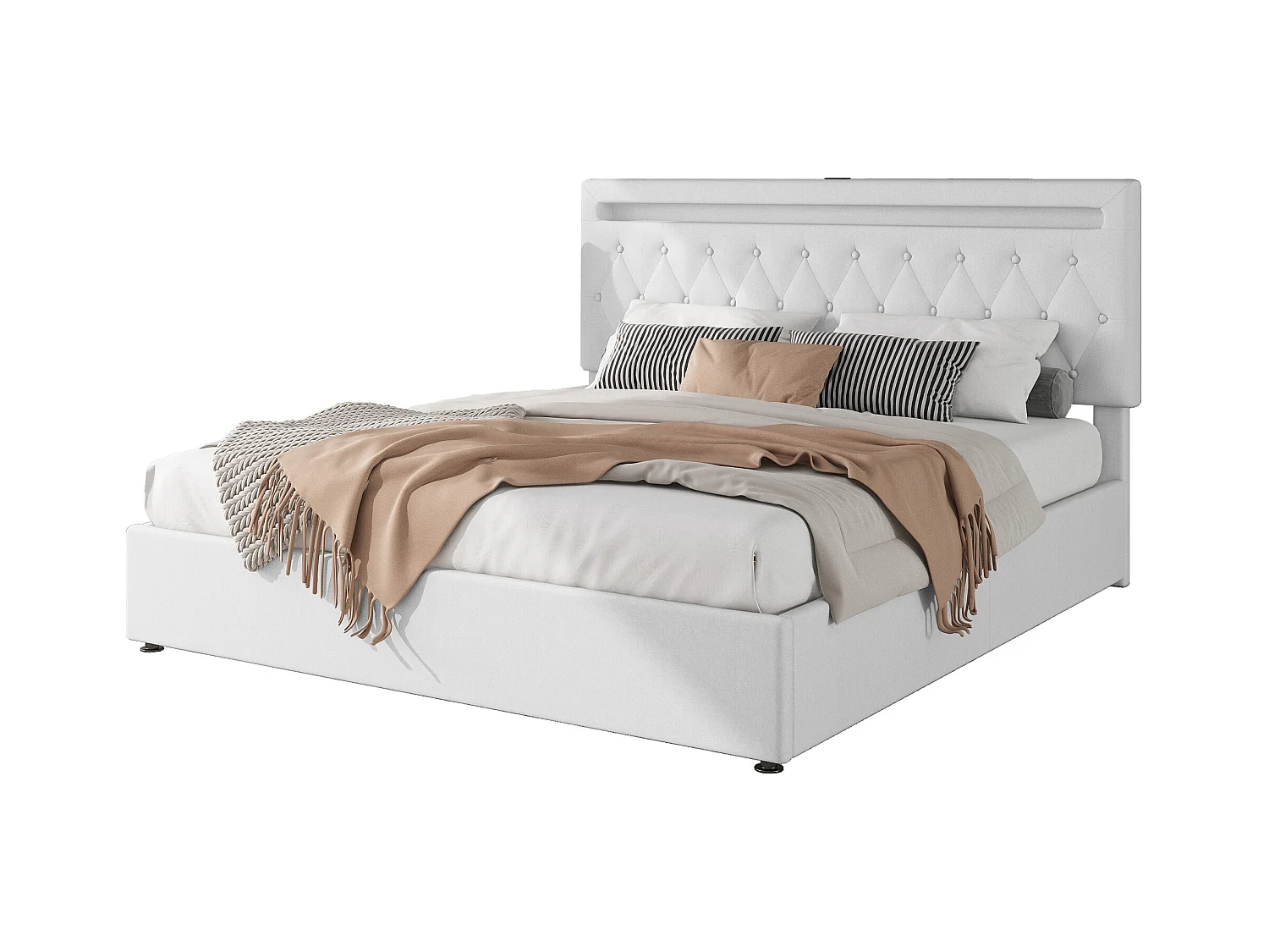 Letto piano 180x200cm, con meccanismo idraulico, luce ambiente colorata, USB, tessuto di lino, bianco (205x192x99 cm)