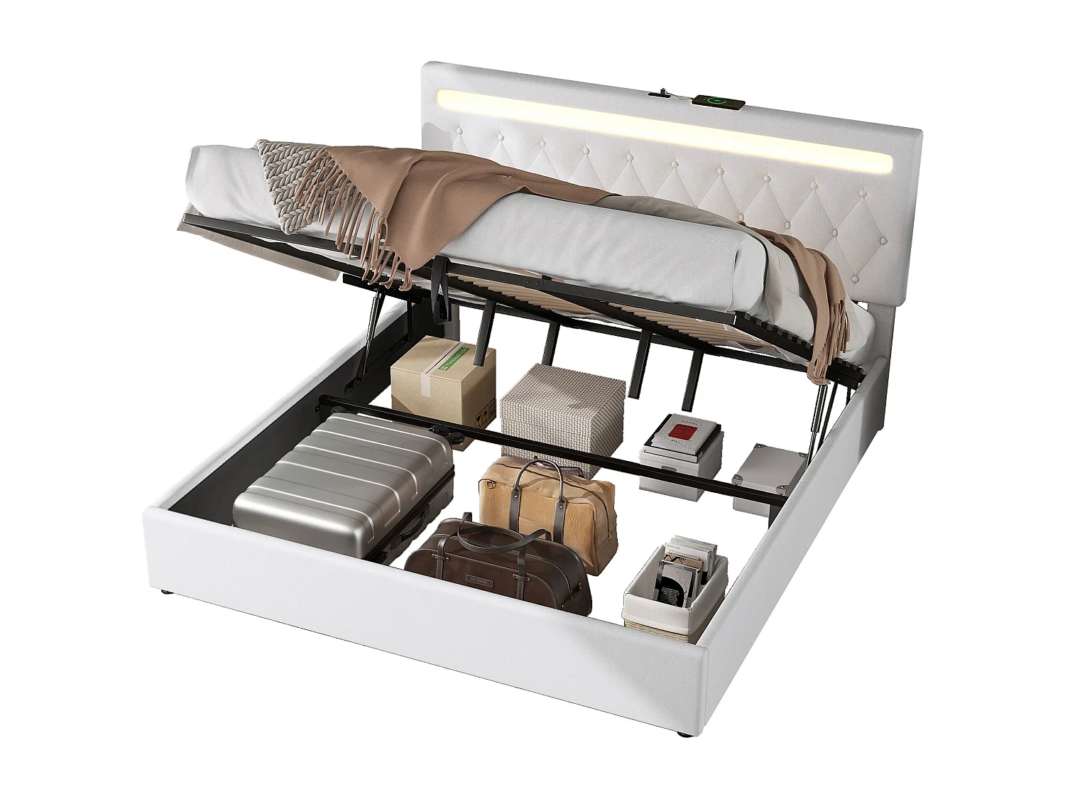 Lit plat 180x200cm, avec mécanisme hydraulique, lumière ambiante colorée, USB, tissu en lin, blanc (205x192x99 cm)