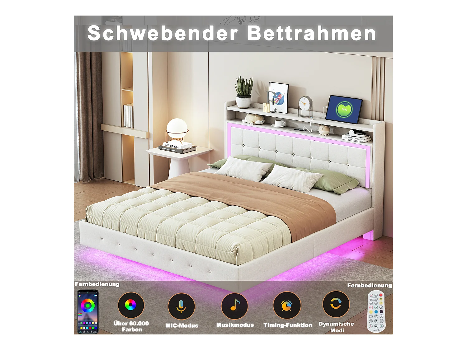 Lit 160x200 cm avec USB et LED, design à pieds cachés, tissu en lin beige (213x165x113.5 cm)