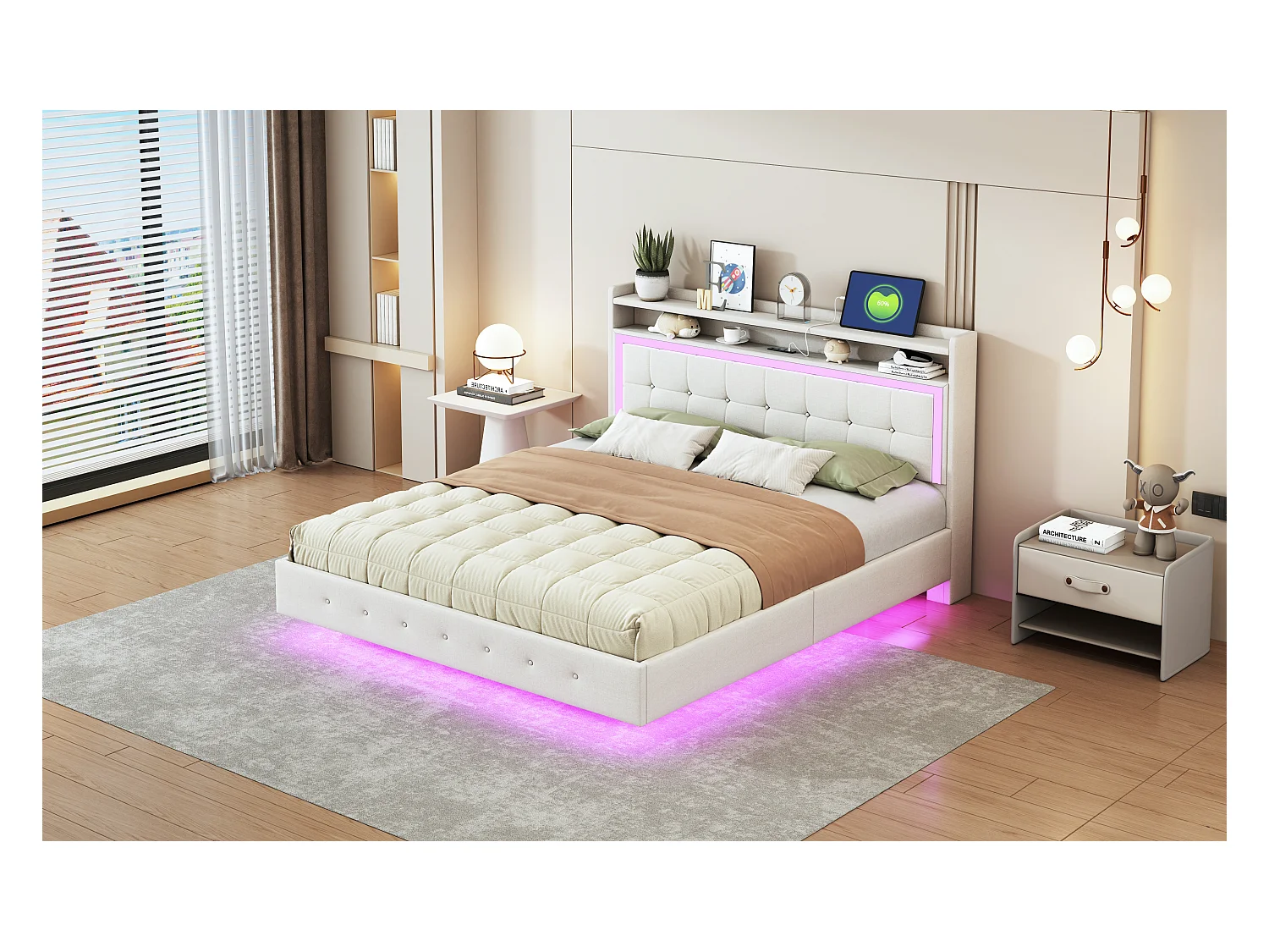 Lit 160x200 cm avec USB et LED, design à pieds cachés, tissu en lin beige (213x165x113.5 cm)