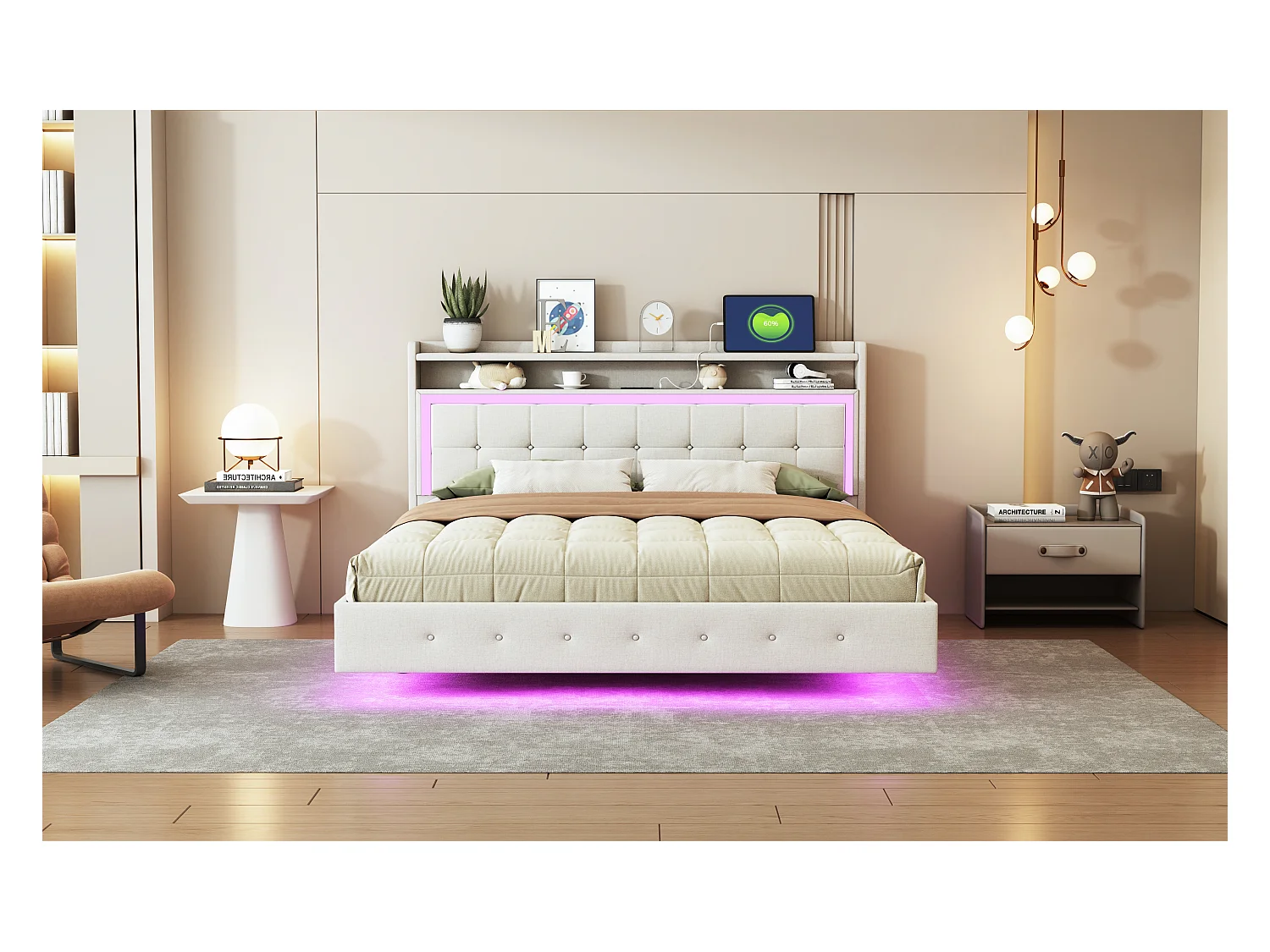 Lit 160x200 cm avec USB et LED, design à pieds cachés, tissu en lin beige (213x165x113.5 cm)