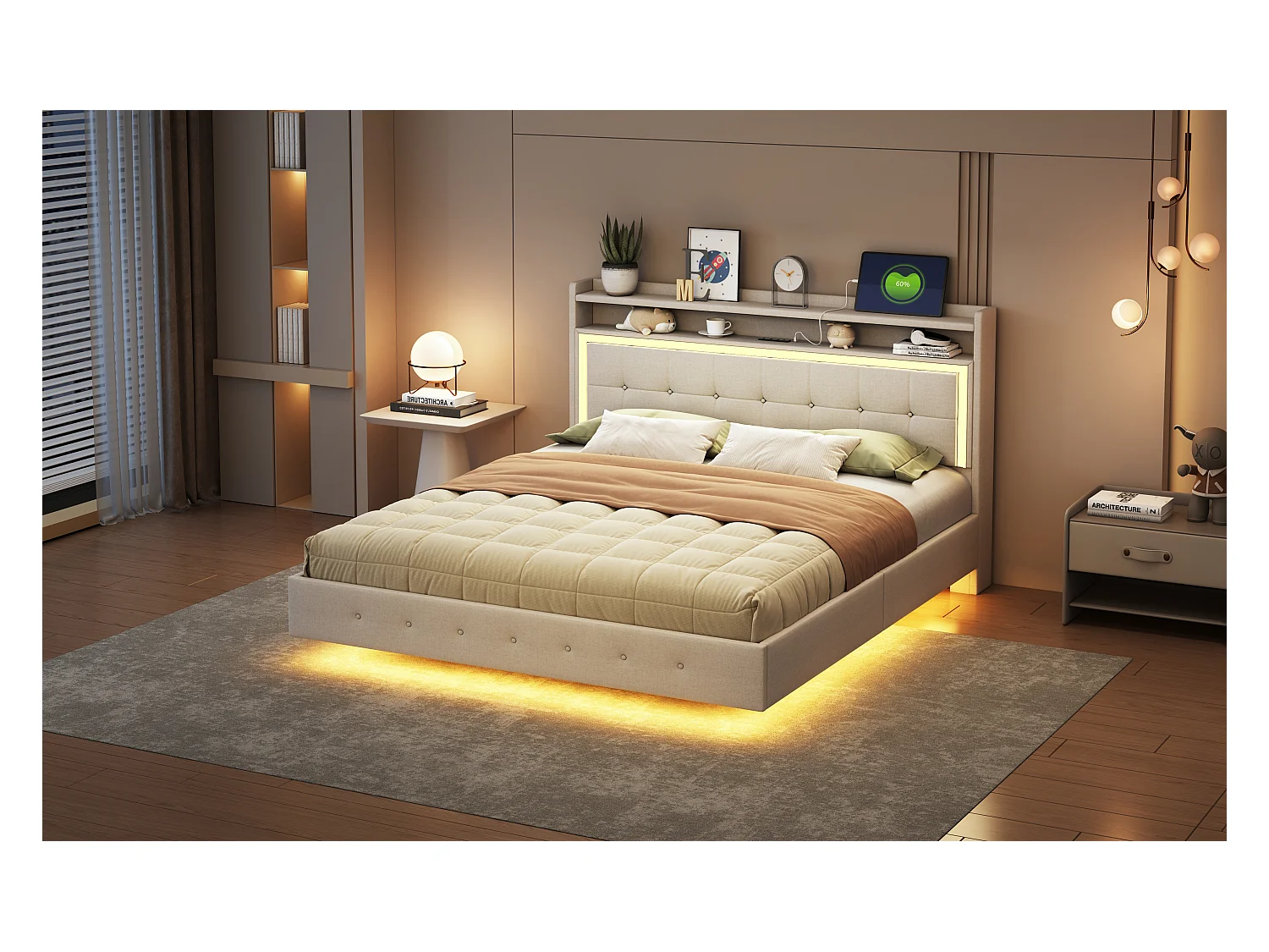 Lit 160x200 cm avec USB et LED, design à pieds cachés, tissu en lin beige (213x165x113.5 cm)