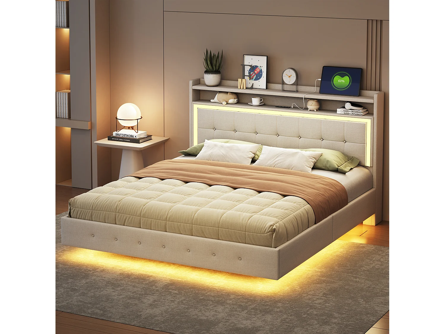 Lit 160x200 cm avec USB et LED, design à pieds cachés, tissu en lin beige (213x165x113.5 cm)
