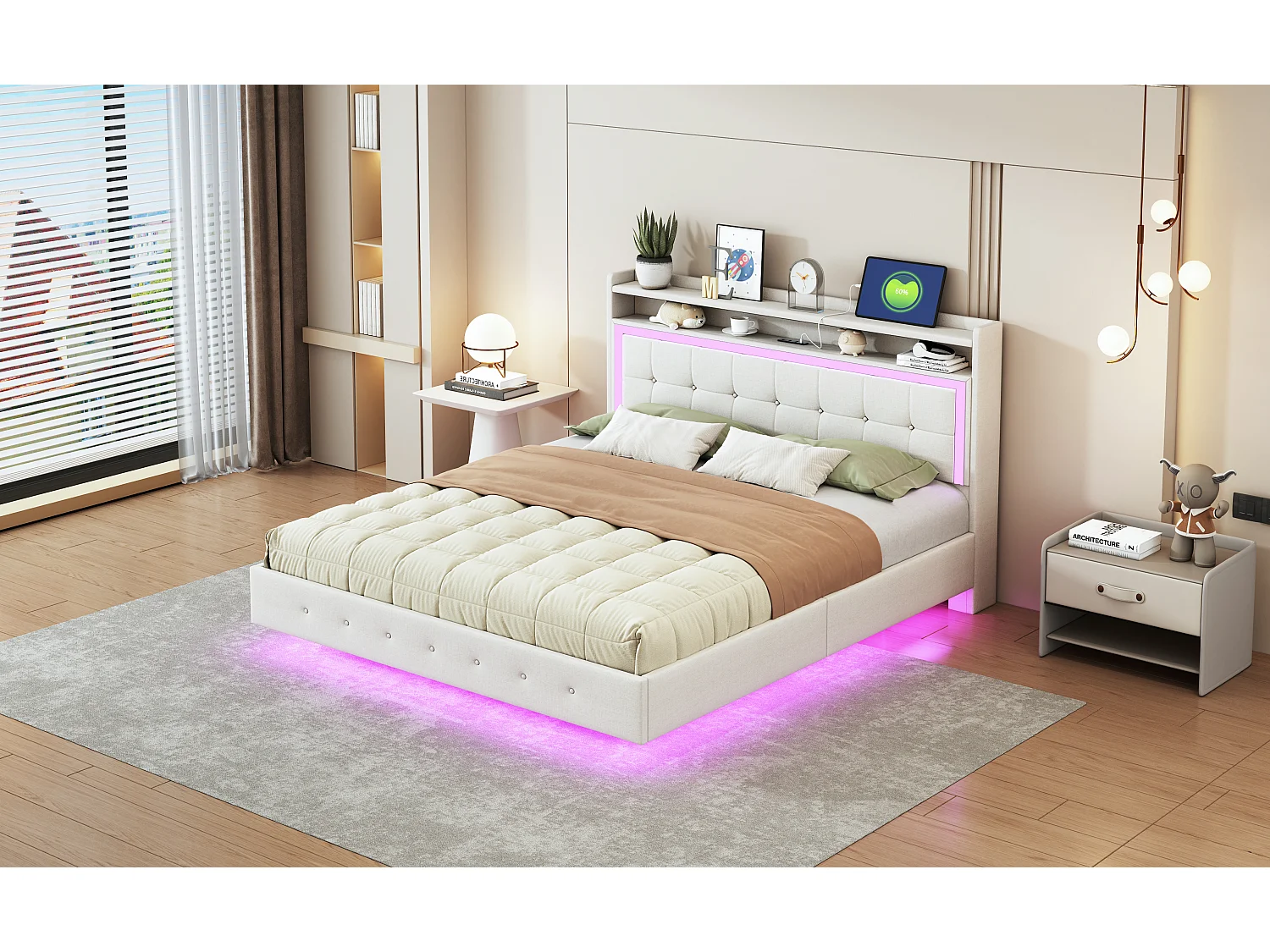 Lit 160x200 cm avec USB et LED, design à pieds cachés, tissu en lin beige (213x165x113.5 cm)