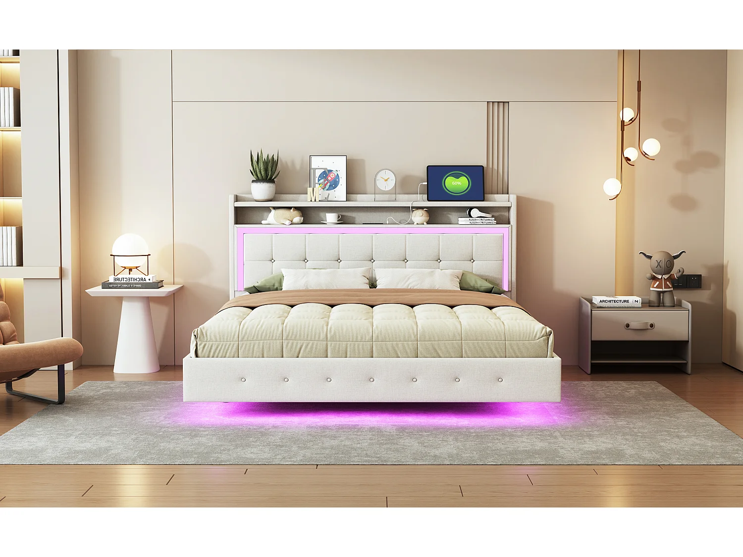 Lit 160x200 cm avec USB et LED, design à pieds cachés, tissu en lin beige (213x165x113.5 cm)