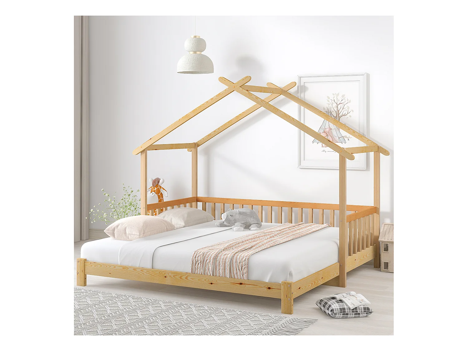 Lit Maison Extensible, Lit Enfant, Lit Simple et Double, Bois Massif, Naturel (200x90cm)