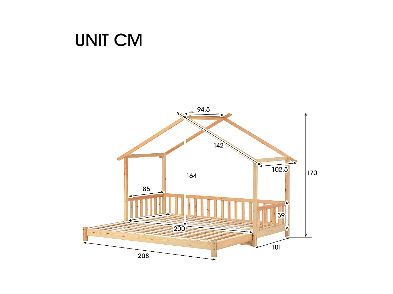 Lit Maison Extensible, Lit Enfant, Lit Simple et Double, Bois Massif, Naturel (200x90cm)