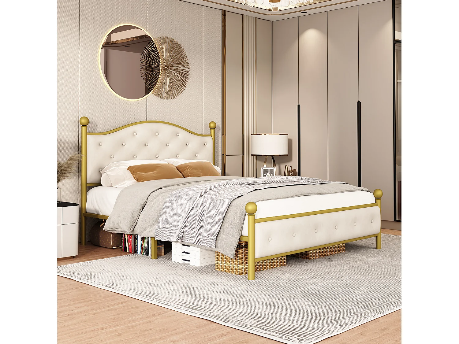 Lit métal 140x200 cm, Lit double avec tête de lit, cadre en métal doré, avec sommier à lattes, pour chambre adulte et chambre d'amis (140x200x)