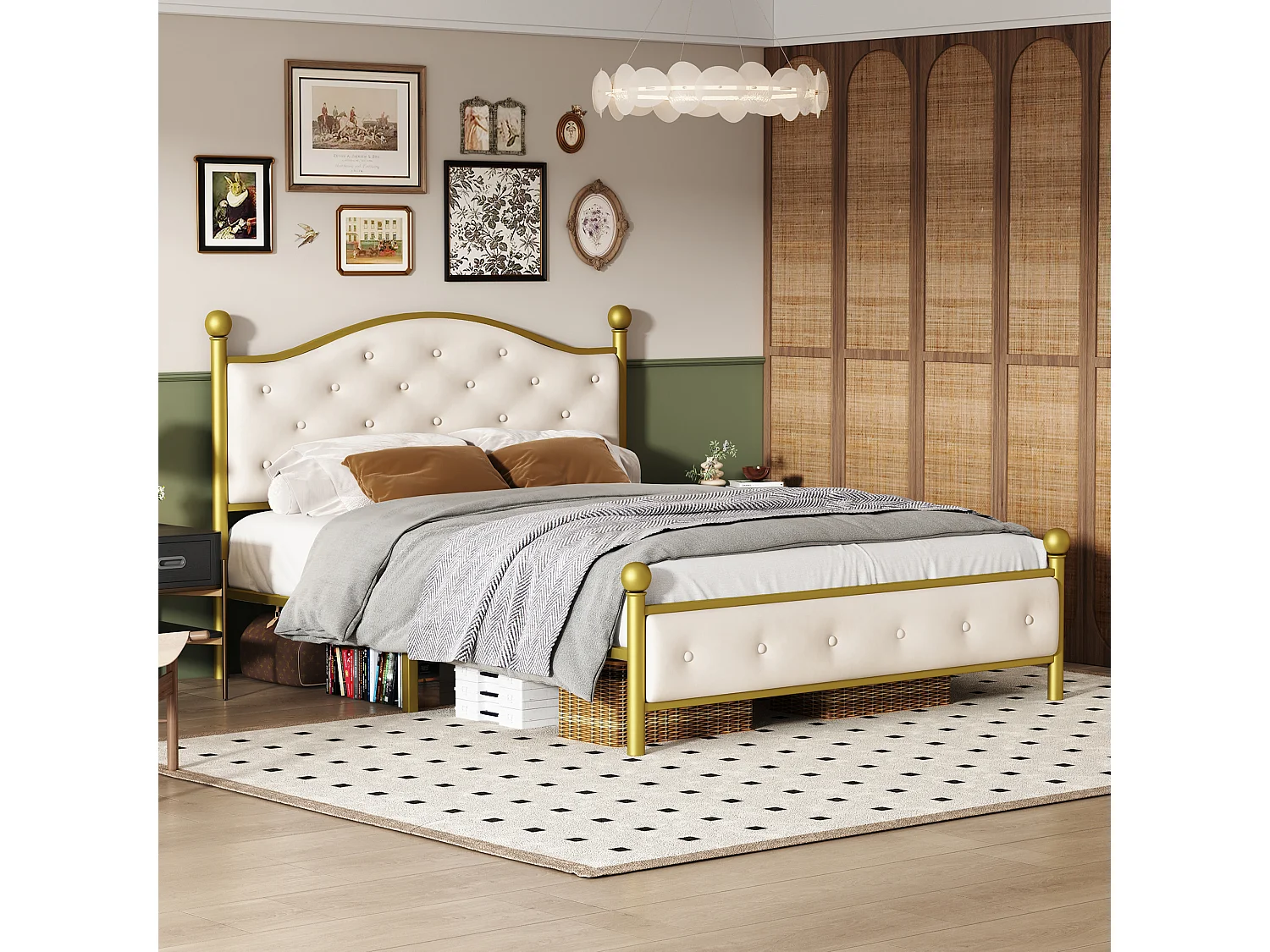 Lit métal 140x200 cm, Lit double avec tête de lit, cadre en métal doré, avec sommier à lattes, pour chambre adulte et chambre d'amis (140x200x)