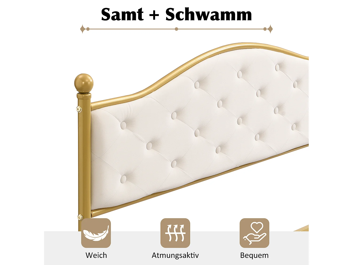 Lit métal 140x200 cm, Lit double avec tête de lit, cadre en métal doré, avec sommier à lattes, pour chambre adulte et chambre d'amis (140x200x)