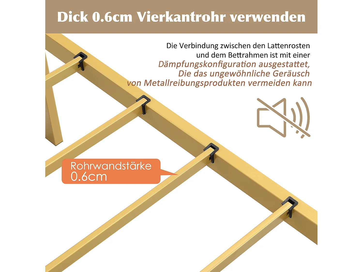 Lit métal 140x200 cm, Lit double avec tête de lit, cadre en métal doré, avec sommier à lattes, pour chambre adulte et chambre d'amis (140x200x)