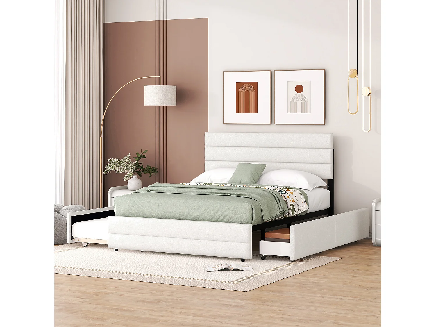 Cama plataforma 140x200 cm con cajones y cama abatible, Beige (203x140x115 cm)