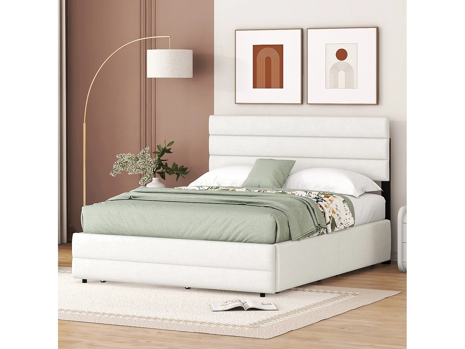 Cama plataforma 140x200 cm con cajones y cama abatible, Beige (203x140x115 cm)
