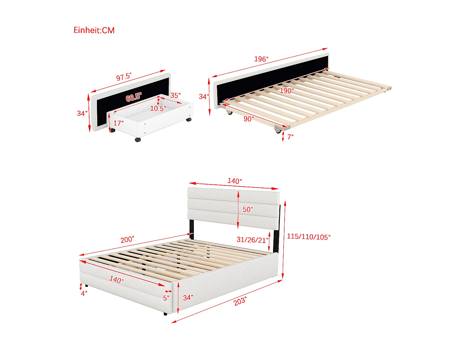 Cama plataforma 140x200 cm con cajones y cama abatible, Beige (203x140x115 cm)