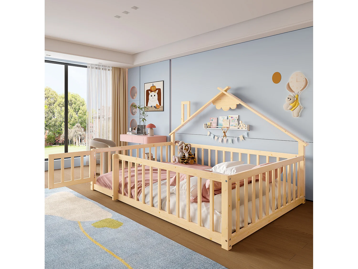 Lit plat pour enfant 140 x 190 cm, avec balustrade et verrou, en pin naturel (200x151x112 cm)